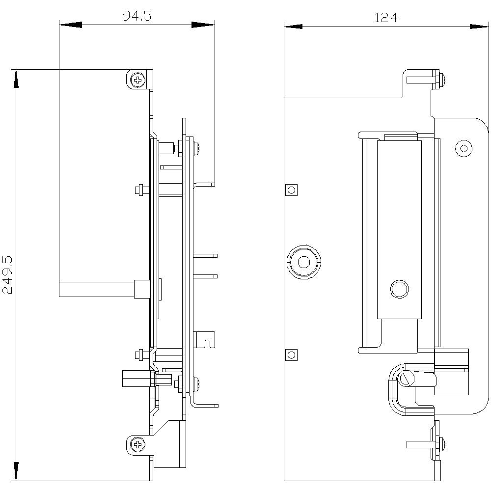 Rysunek techniczny części mechanicznej urządzenia z dwoma widokami. Szczegółowe wymiary: wysokość 249,5 mm, szerokość 94,5 mm i 124 mm.