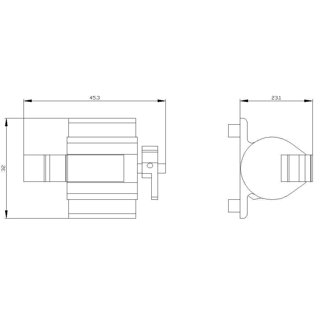 'Rysunek techniczny elementu cylindrycznego z wymiarami w milimetrach: po lewej 45,3 x 32, po prawej 23,1. Widok z boku i z przodu.'