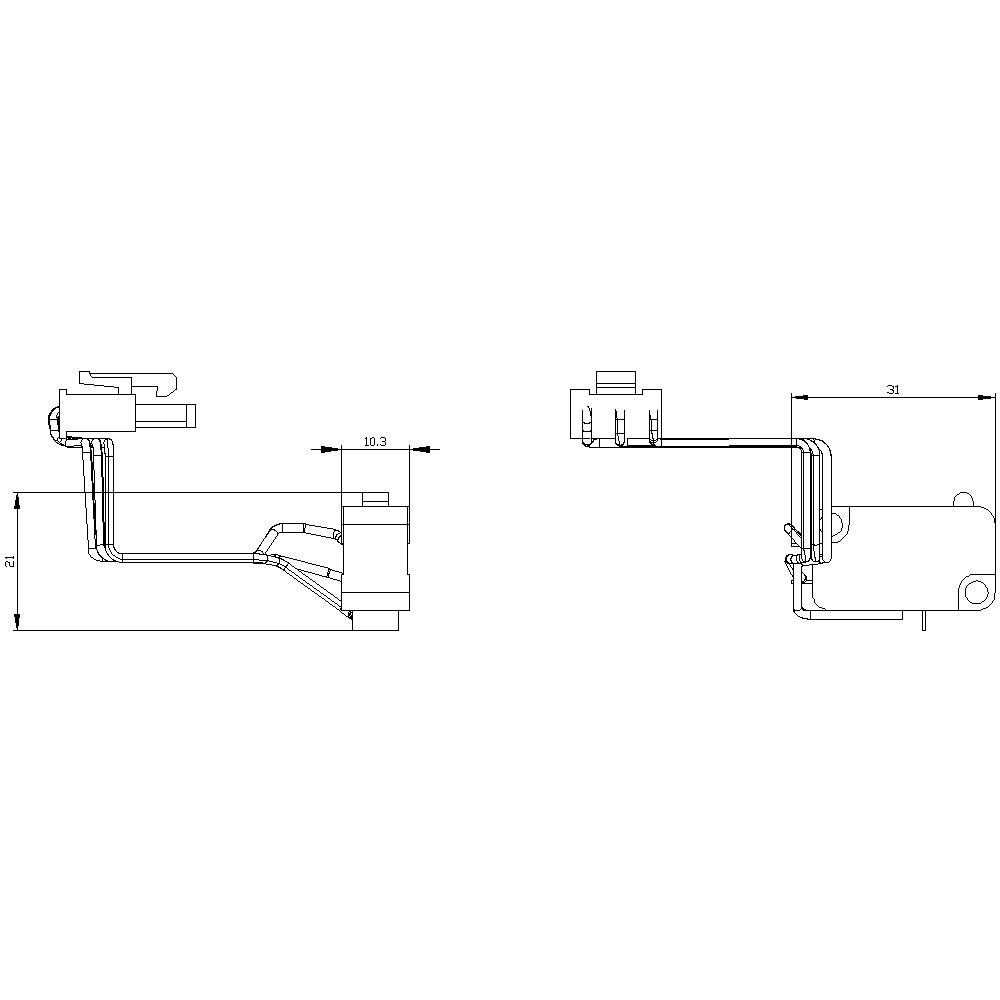 Rysunek techniczny elementu z dwoma widokami, wymiarowaniem i prowadzeniem przewodów.