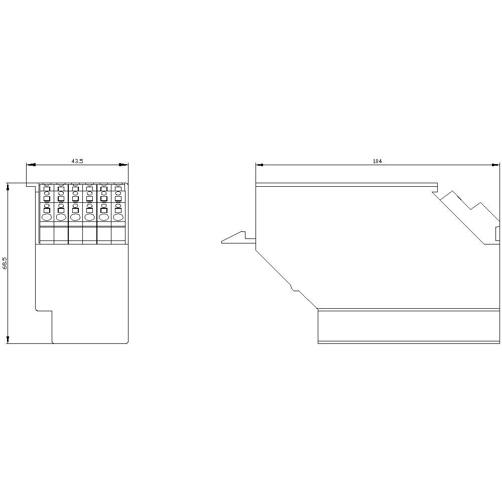 Rysunek techniczny urządzenia elektronicznego z precyzyjnymi wymiarami w milimetrach. Po lewej: widok z przodu, po prawej: widok z boku.