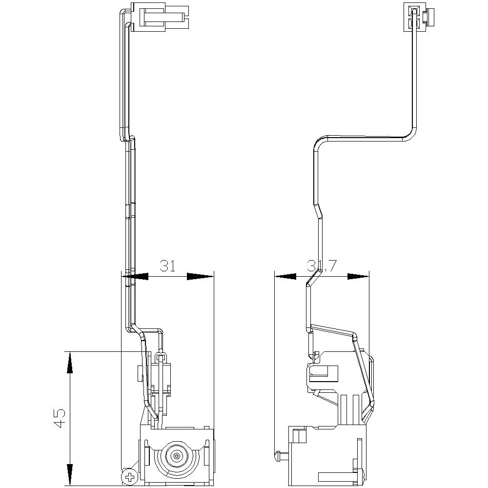 Rysunek techniczny przewodu elektrycznego z wtyczkami na obu końcach. Wymiary: 45 mm wysokości, 31 mm i 31,7 mm szerokości w dwóch różnych sekcjach.