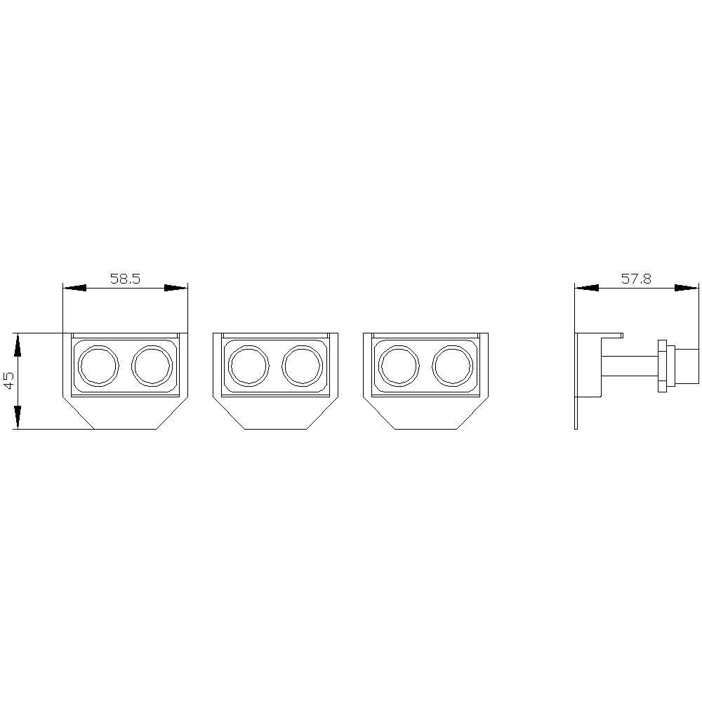 Rysunek techniczny elementu cylindrycznego z wymiarami: wysokość 45 mm, szerokość 58,5 mm, głębokość 57,8 mm, podwójny otwór.