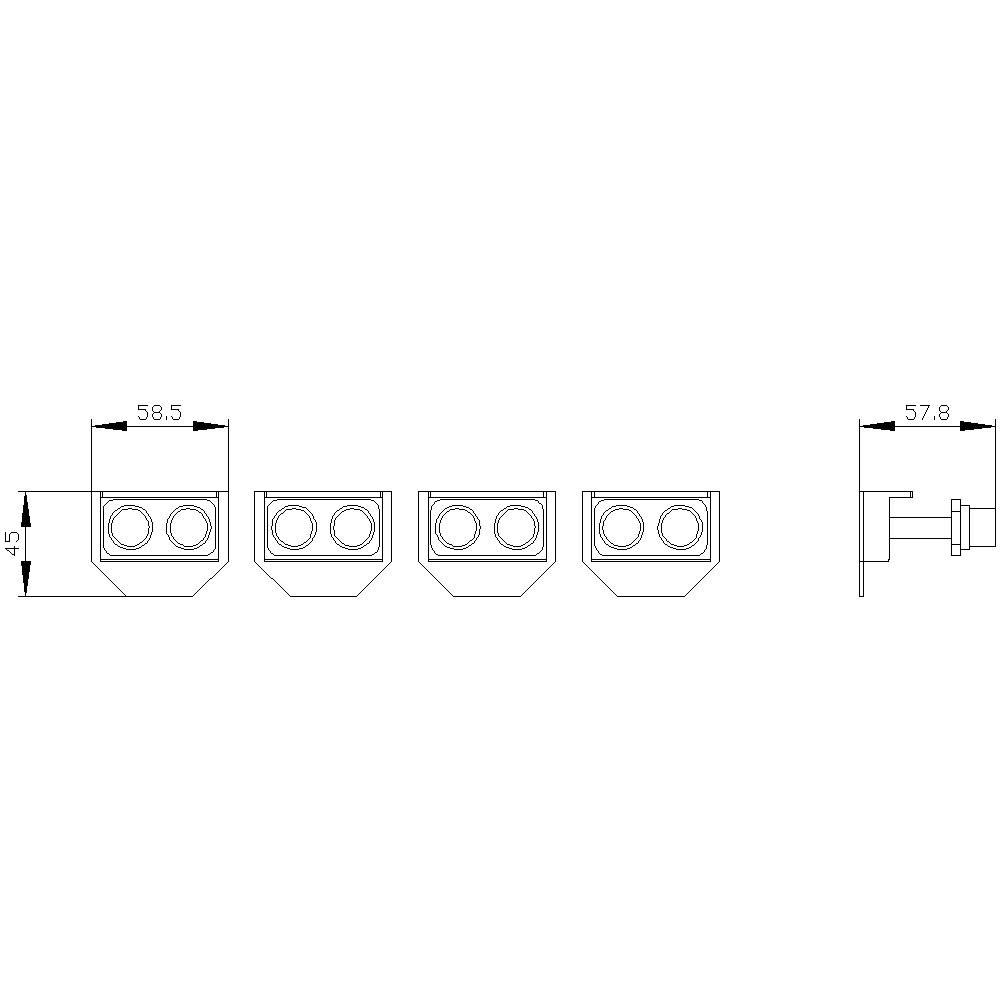 Rysunek techniczny czterootworu płyty czołowej z podanymi wymiarami: 58,5 mm szerokości i 57,8 mm głębokości.