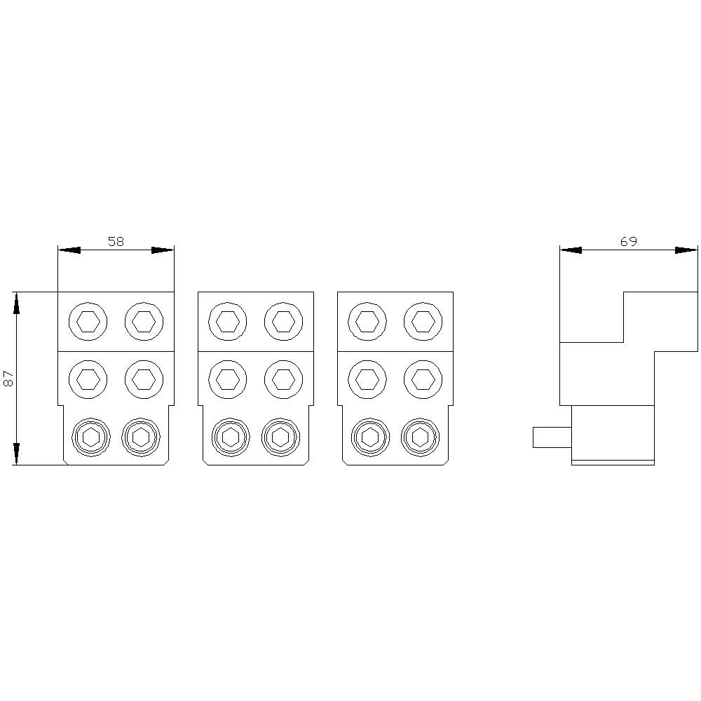 Rysunek techniczny elementu: Trzy jednostki kwadratowe z sześcioma sześciokątami. Wymiary: 58 i 69, całkowita wysokość 87.