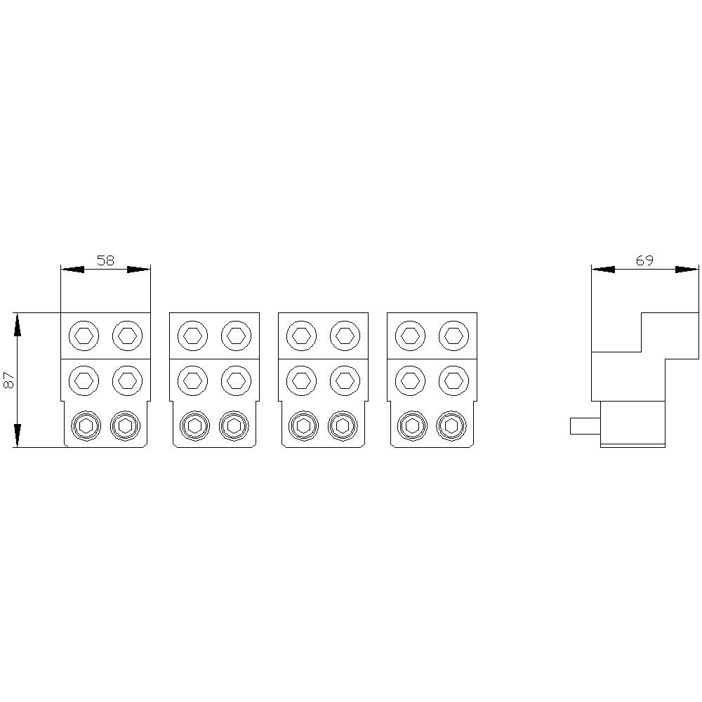 Rysunek techniczny obudowy złącza z 4 modułami, wymiary: szerokość 58 mm, wysokość 87 mm, głębokość 69 mm.