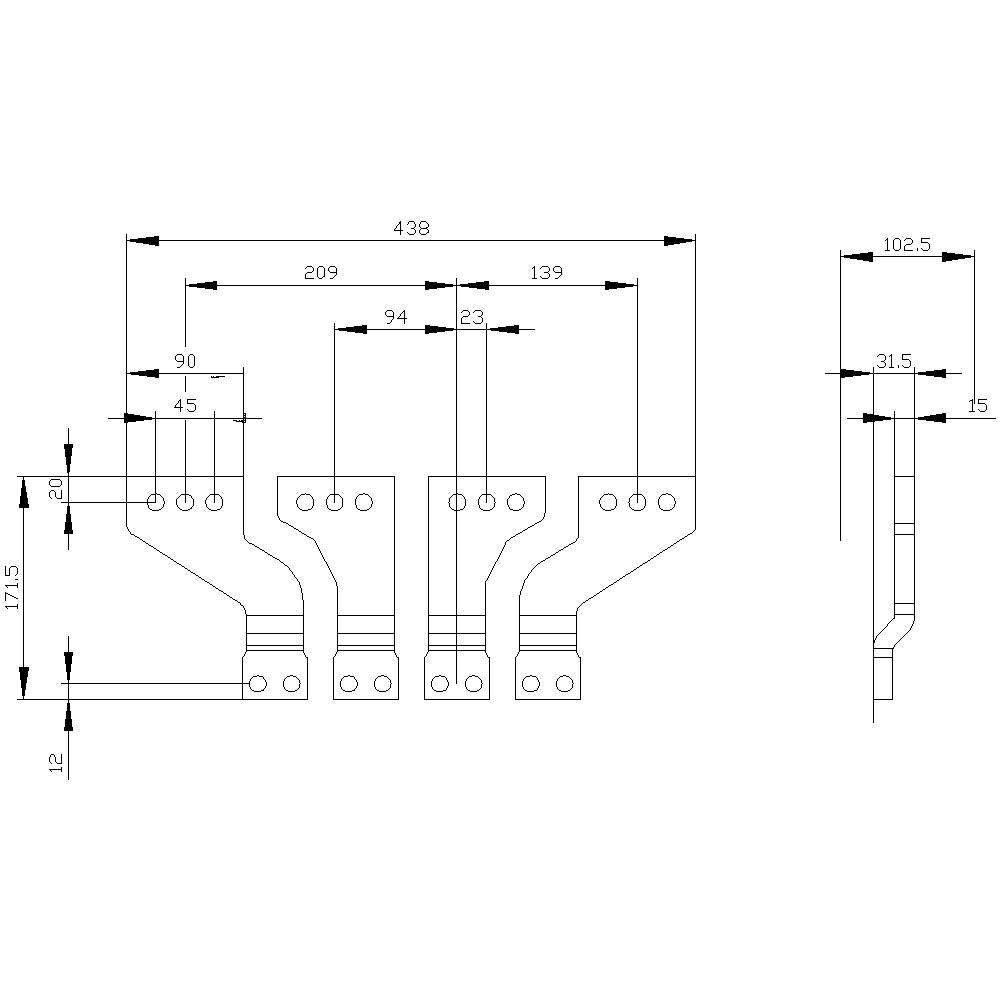 Rysunek techniczny elementu metalowego z szczegółowymi wymiarami, przedstawiony w dwóch rzutach. Wymiary podane w milimetrach.