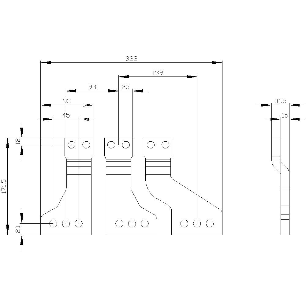Rysunek techniczny części maszyny z wymiarami w milimetrach. Przedstawia widok z przodu i z boku z otworami oraz oznaczeniami wymiarów.