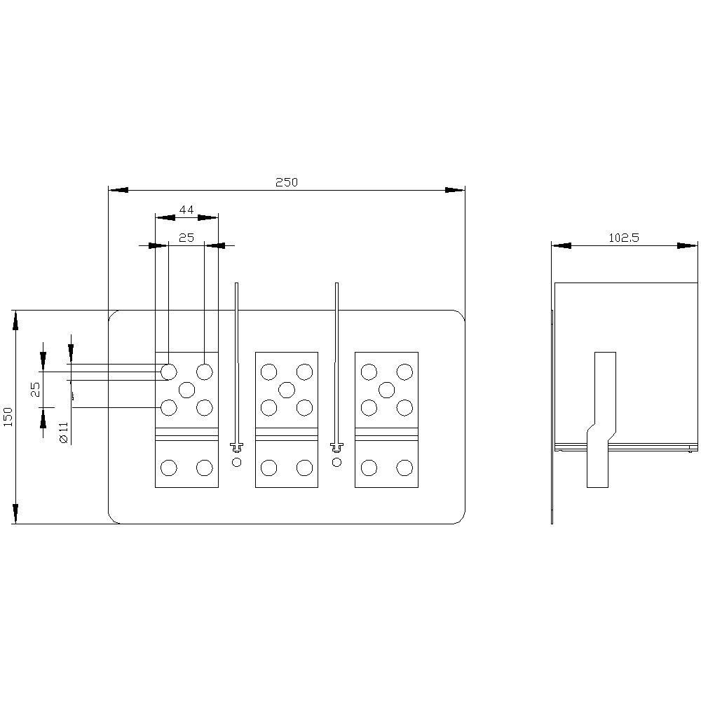 Rysunek techniczny prostokątnego elementu z trzema rzędami otworów. Wymiary wynoszą 250 mm x 150 mm. Widok z boku przedstawia głębokość 102,5 mm.