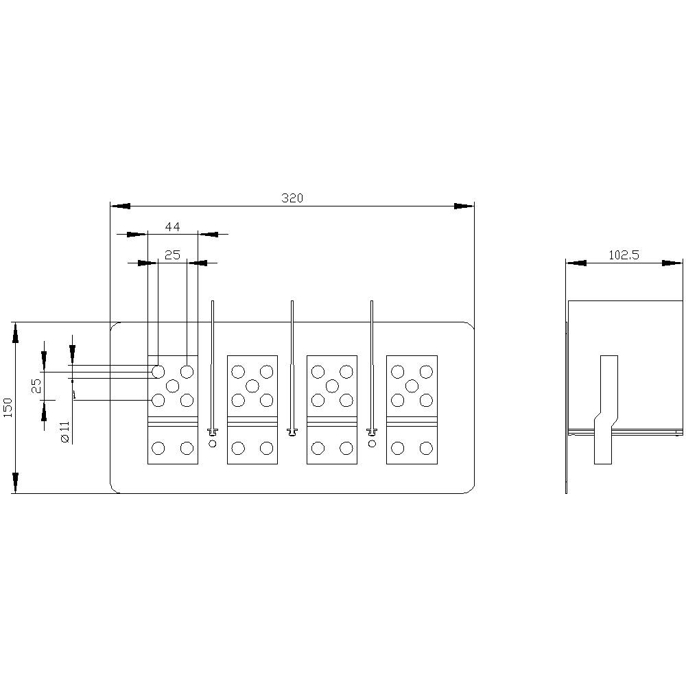 Rysunek techniczny prostokątnego elementu z wymiarami i otworami. Wymiary: 320 x 102,5 mm, z czterema rzędami otworów.