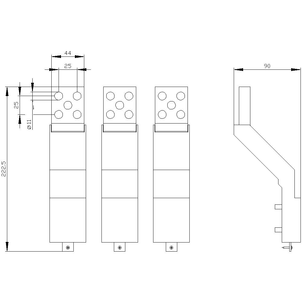 Rysunek techniczny elementu mechanicznego z wymiarami w milimetrach, przedstawiający widok z przodu i z boku, pokazujący odległości i otwory.
