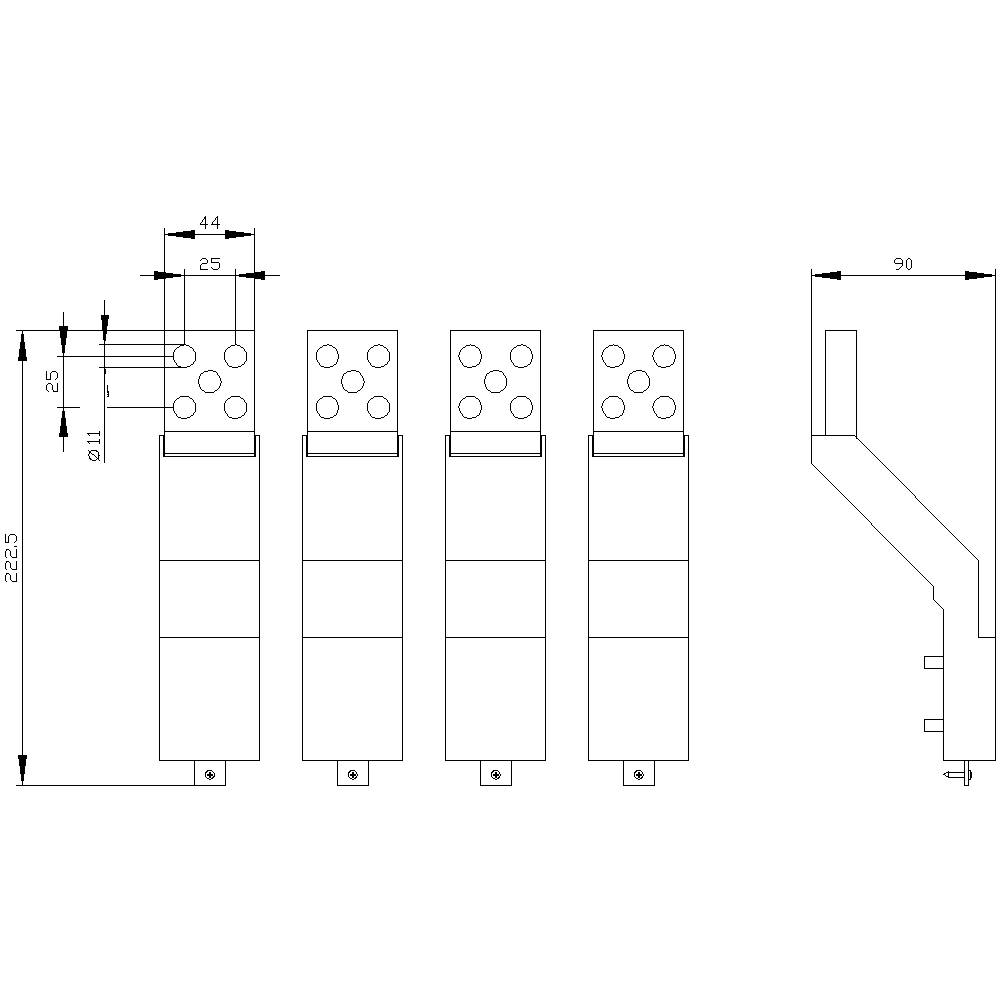 Rysunek techniczny konstrukcji metalowej z wymiarami. Z lewej strony widok z całkowitą wysokością 222,5 mm, otworami oraz widok profilu po prawej stronie.