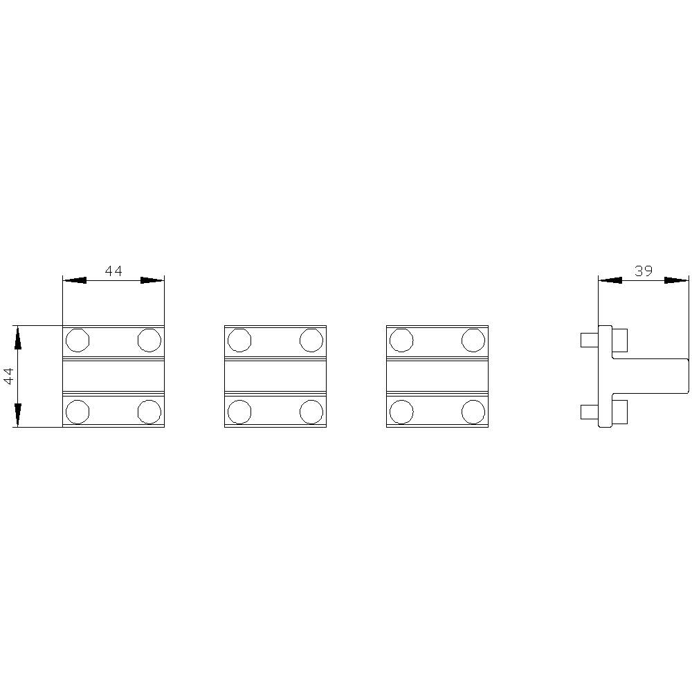 Rysunek techniczny kwadratowego okucia metalowego o wymiarach 44x44 mm wraz ze szczegółami widoku bocznego o głębokości 39 mm.