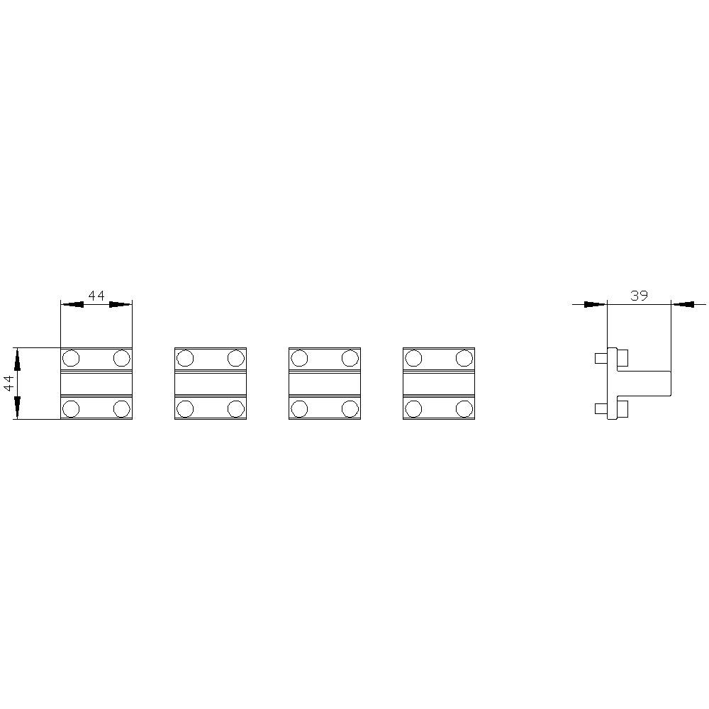 Rysunek techniczny prostokątnego zawiasu o wymiarach 44x44 mm i głębokości 39 mm, przedstawiony z widokiem bocznym i czołowym.