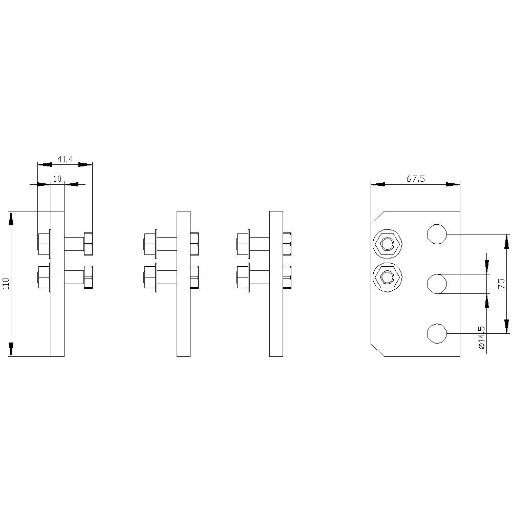 Rysunek techniczny złącza metalowego z wymiarami: 110 mm wysokości, 41,4 mm szerokości, 10 mm grubości. Widok z boku i z przodu.
