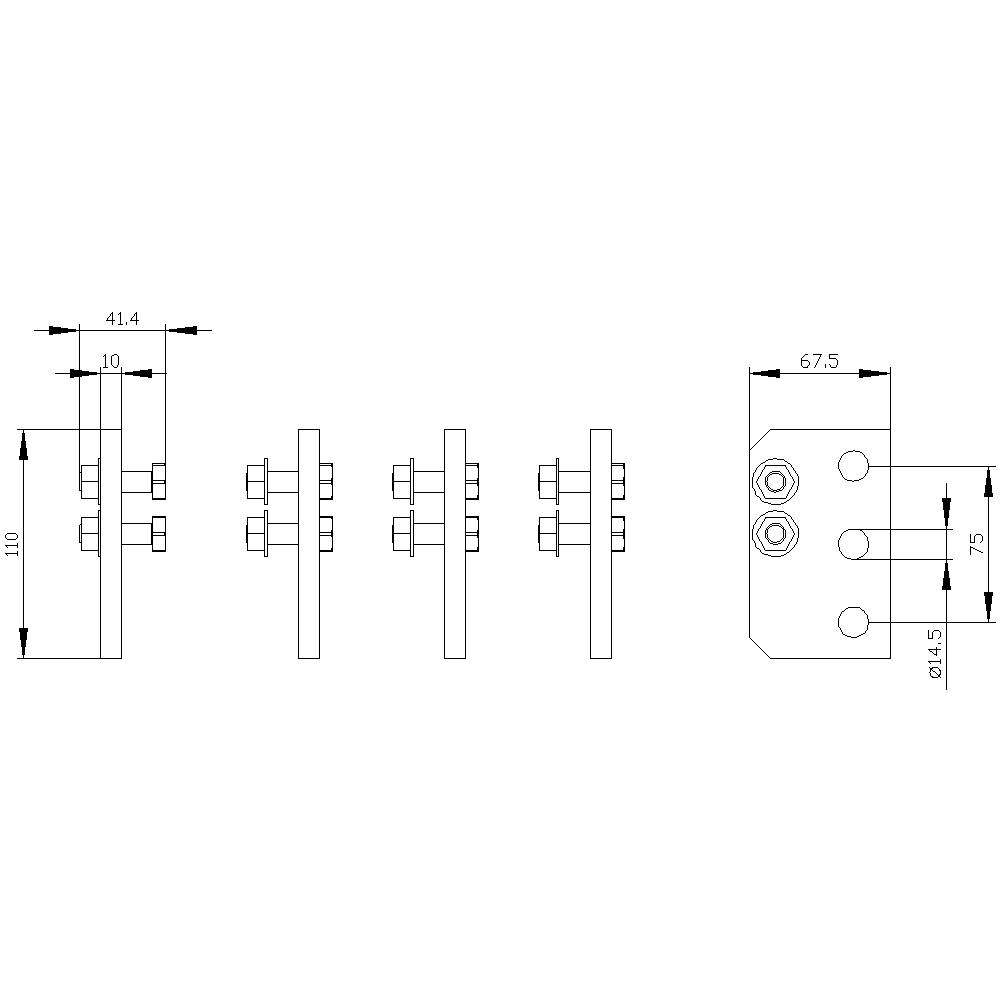 Rysunek techniczny metalowego uchwytu z wymiarami: wysokość 110 mm, szerokość 67,5 mm, dwie równoległe płyty połączone śrubami.
