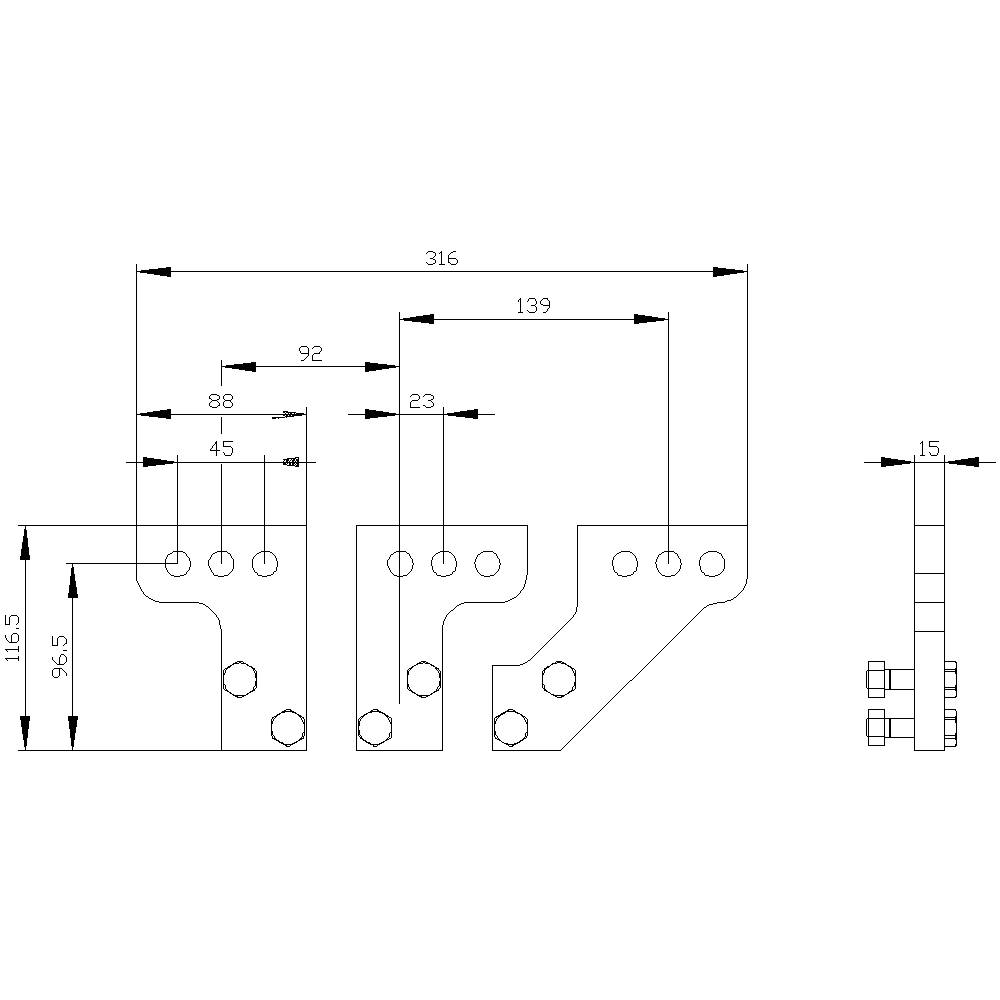 Rysunek techniczny elementu z wymiarami w milimetrach. Przedstawia trzy widoki z rozstawem otworów oraz całkowitymi długościami.