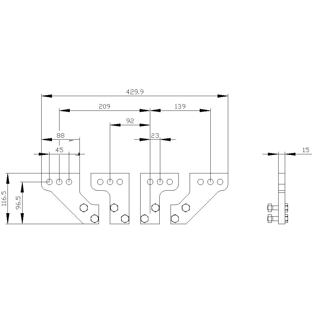 Rysunek techniczny elementu mechanicznego z wymiarami w milimetrach. Przedstawia różne widoki i otwory montażowe.