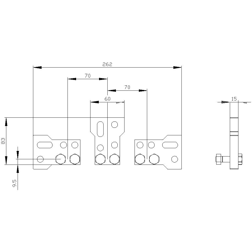 Rysunek techniczny elementu metalowego z wymiarami: szerokość 262 mm, wysokość 83 mm, głębokość 9,5 mm. Przedstawia otwory i punkty mocowania.