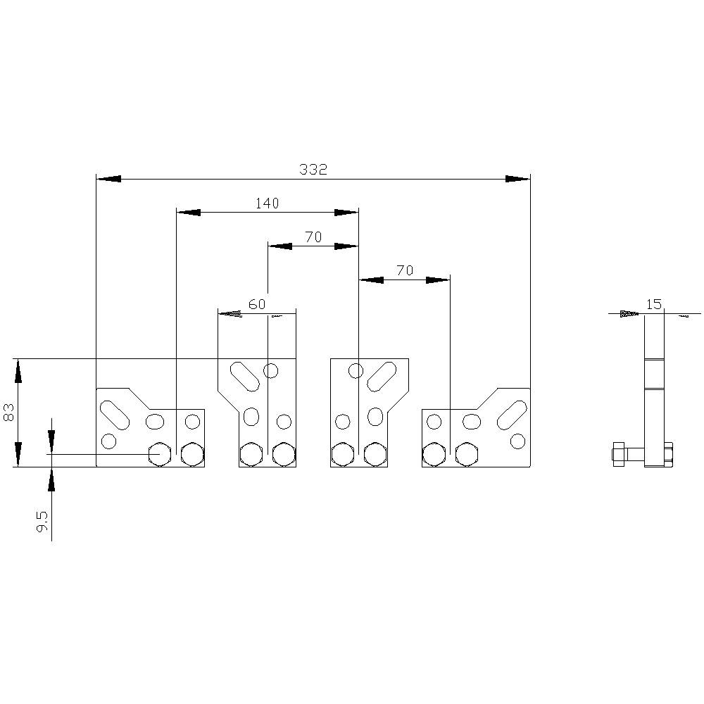 Rysunek techniczny elementu metalowego z wymiarami w milimetrach: długość całkowita 332, wysokości 83 i 9,5, szerokości 60, 70 i 15.