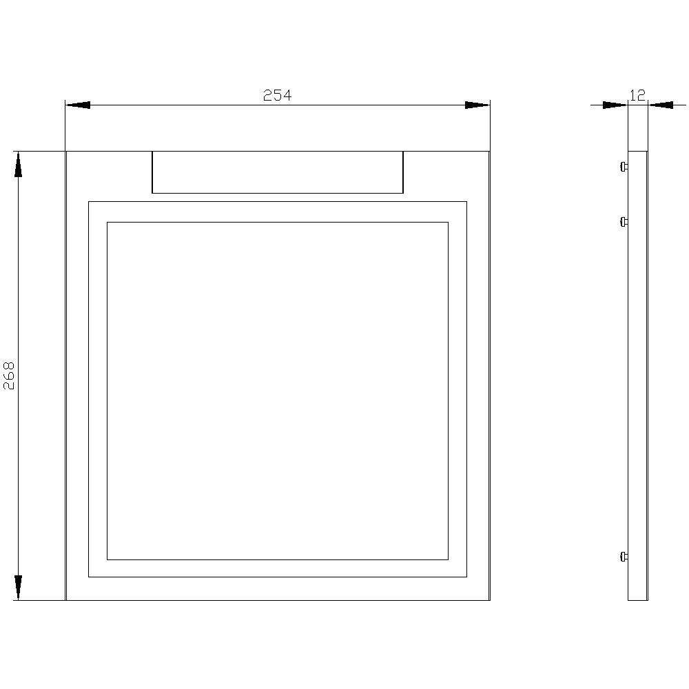 Rysunek techniczny obiektu kwadratowego z wymiarami: szerokość 254 mm, wysokość 268 mm, głębokość 12 mm, widok z góry i z boku.