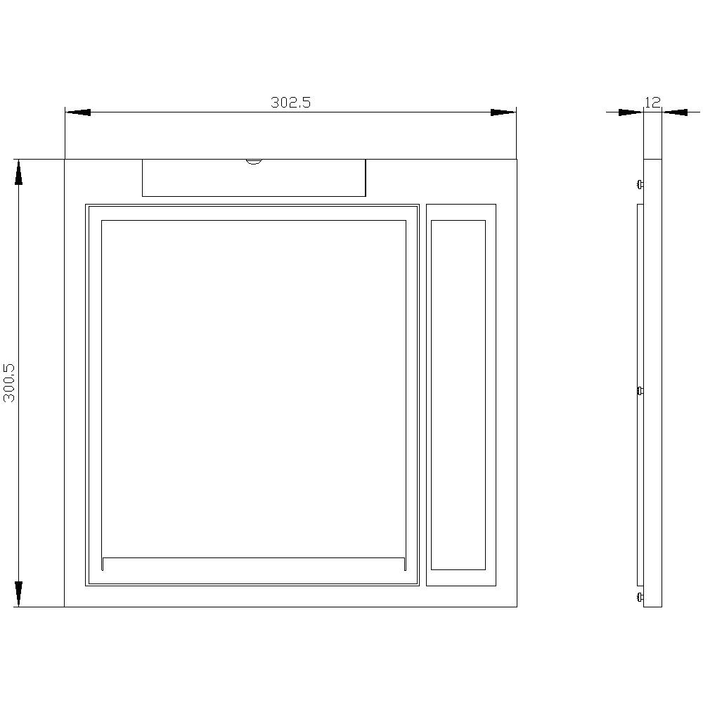 Rysunek techniczny prostokątnej kratki wentylacyjnej o wymiarach 302,5 mm x 302,5 mm i głębokości 12 mm.