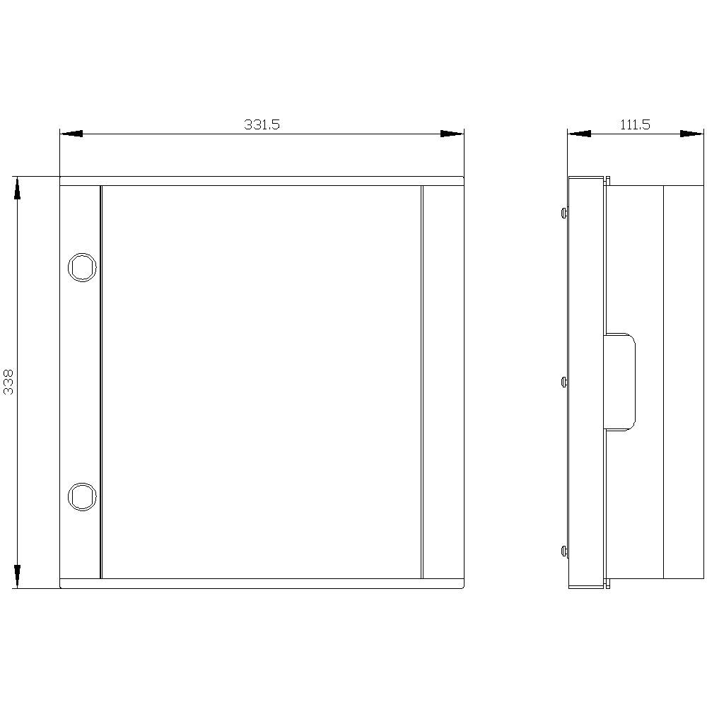 Rysunek techniczny prostokątnego obiektu o wymiarach 331,5 mm szerokości, 338 mm wysokości i 111,5 mm głębokości.