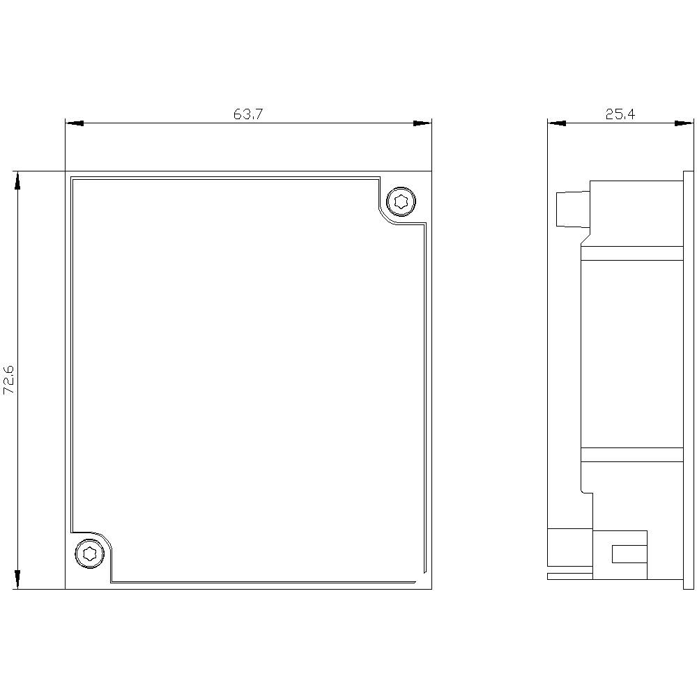 Rysunek techniczny prostokątnego elementu z wymiarami: szerokość 63,7 mm, wysokość 72,6 mm, głębokość 25,4 mm. Widok z boku i widok z przodu.
