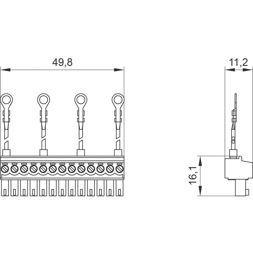 Rysunek techniczny złącza z wymiarami: szerokość 49,8 mm, wysokość 16,1 mm, głębokość 11,2 mm. Przedstawia cztery punkty styku.