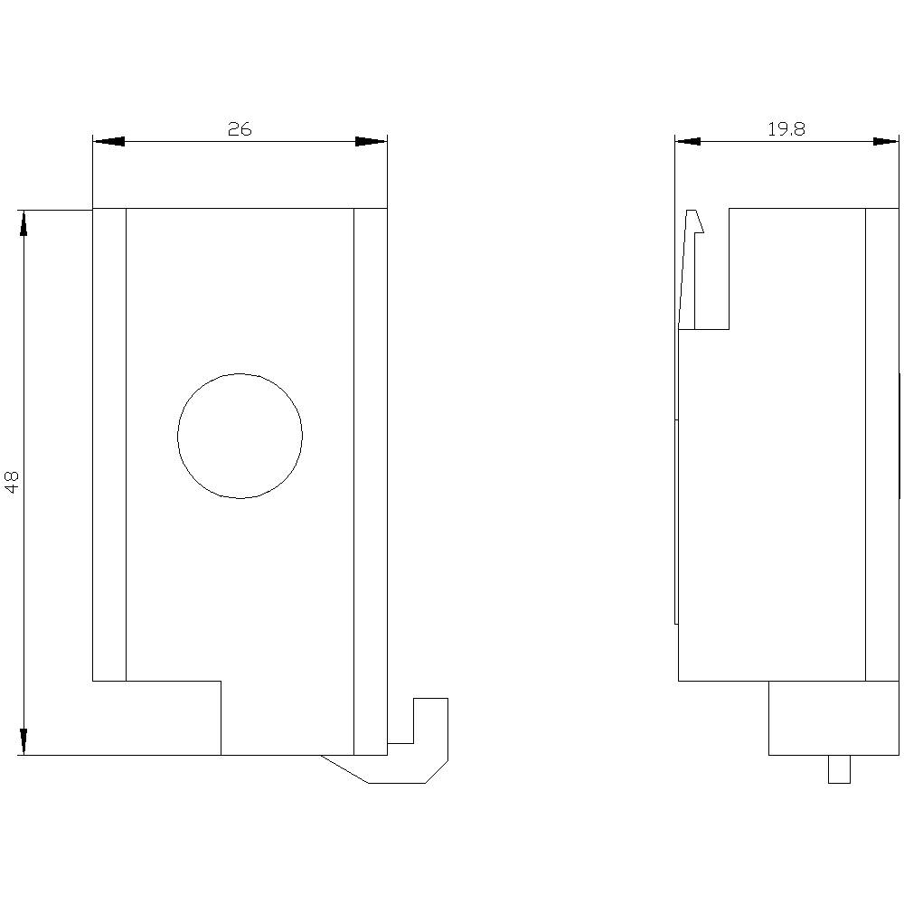 Rysunek techniczny części mechanicznej z wymiarami: szerokość 26 mm, wysokość 48 mm oraz widok z boku o szerokości 19,8 mm.