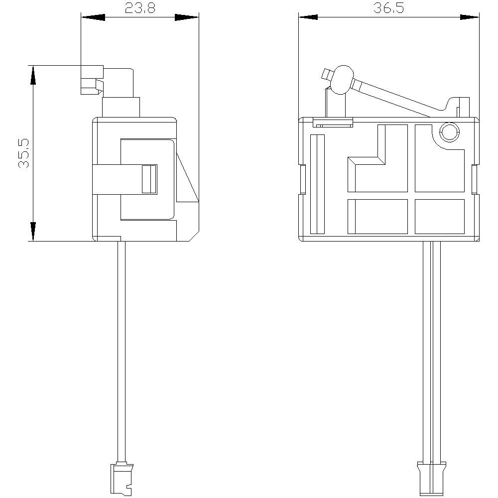 'Rysunek techniczny prostokątnego urządzenia z dźwignią na górze. Wymiary wynoszą 23,8 x 35,5 i 36,5 jednostek.'