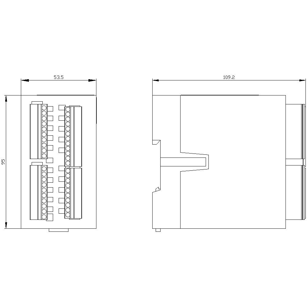 Rysunek techniczny adaptera szynowego DIN: widok z góry po lewej stronie przedstawia rzędy złączy i wymiary; widok z boku po prawej stronie o szerokości 109,2 mm.