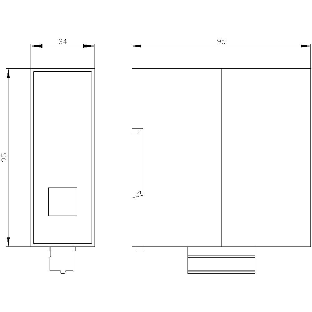 Rysunek techniczny elementu elektronicznego z wymiarami: 95 mm wysokości, 95 mm szerokości, 34 mm głębokości. Widok z boku i z przodu.