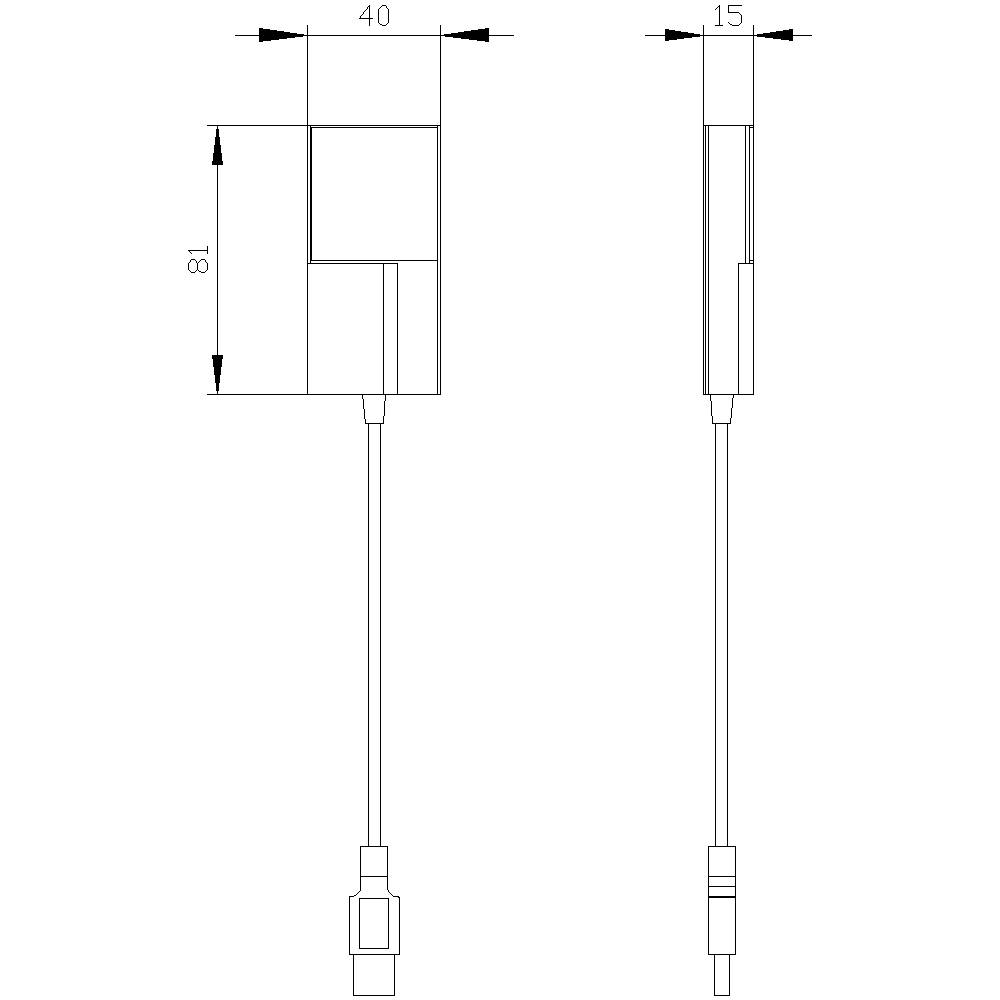 Rysunek techniczny prostokątnego urządzenia elektronicznego z przewodem. Widok z przodu i z boku z wymiarami: 40x18 mm.