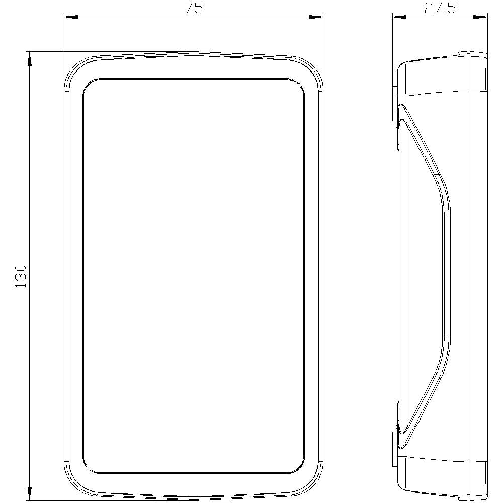 Rysunek techniczny prostokątnego obiektu z zaokrąglonymi narożnikami. Wymiary: 75x27,5x130. Widok z góry i widok z boku.