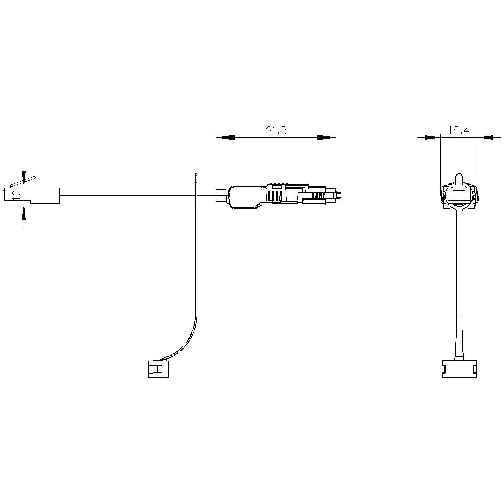 Rysunek techniczny urządzenia z wymiarami: 61,8 długości i 19,4 wysokości. Przedstawia widok boczny i czołowy mechanizmu.