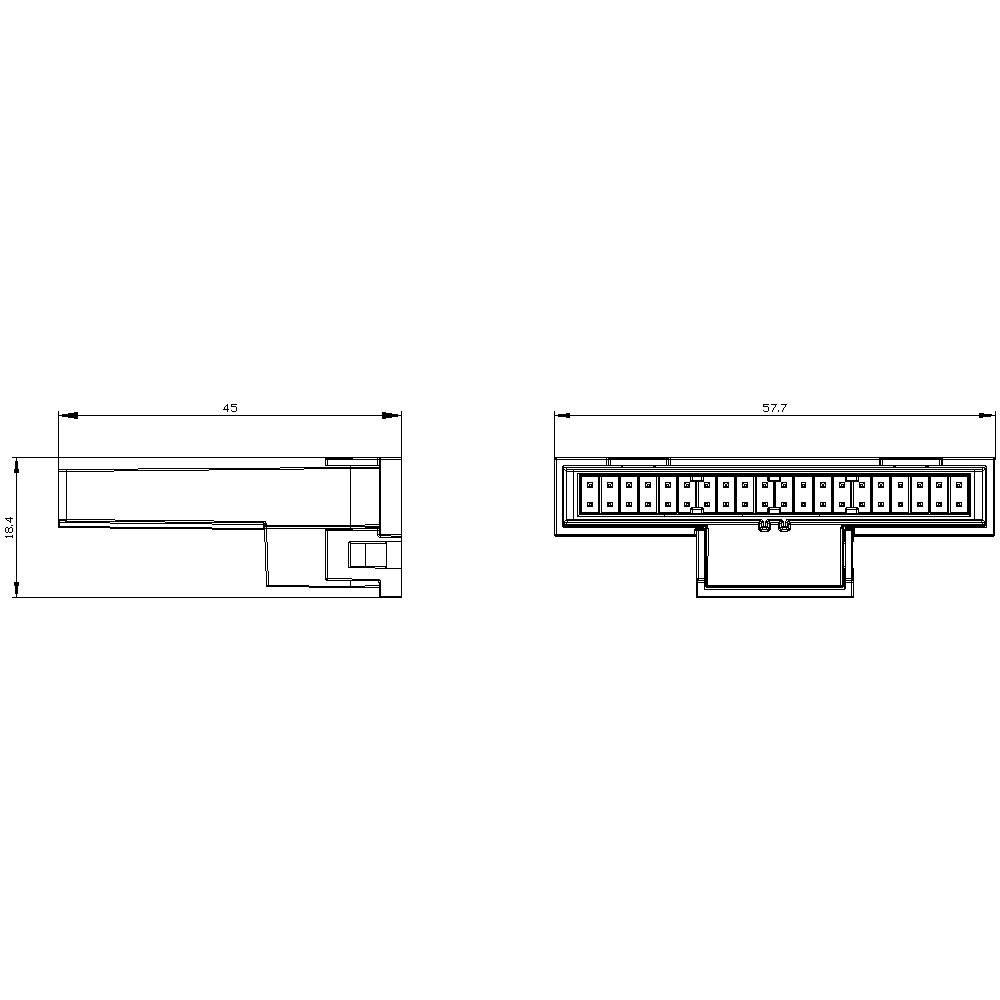 Rysunek techniczny przedstawia widok z boku i z przodu prostokątnego złącza elektrycznego o wymiarach: 45 mm szerokości i 57,7 mm wysokości.