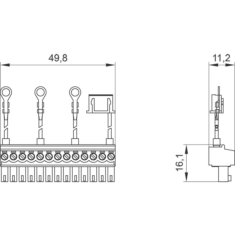 Rysunek techniczny złącza elektrycznego z wymiarami: szerokość 49,8 mm, wysokość 16,1 mm, głębokość 11,2 mm.