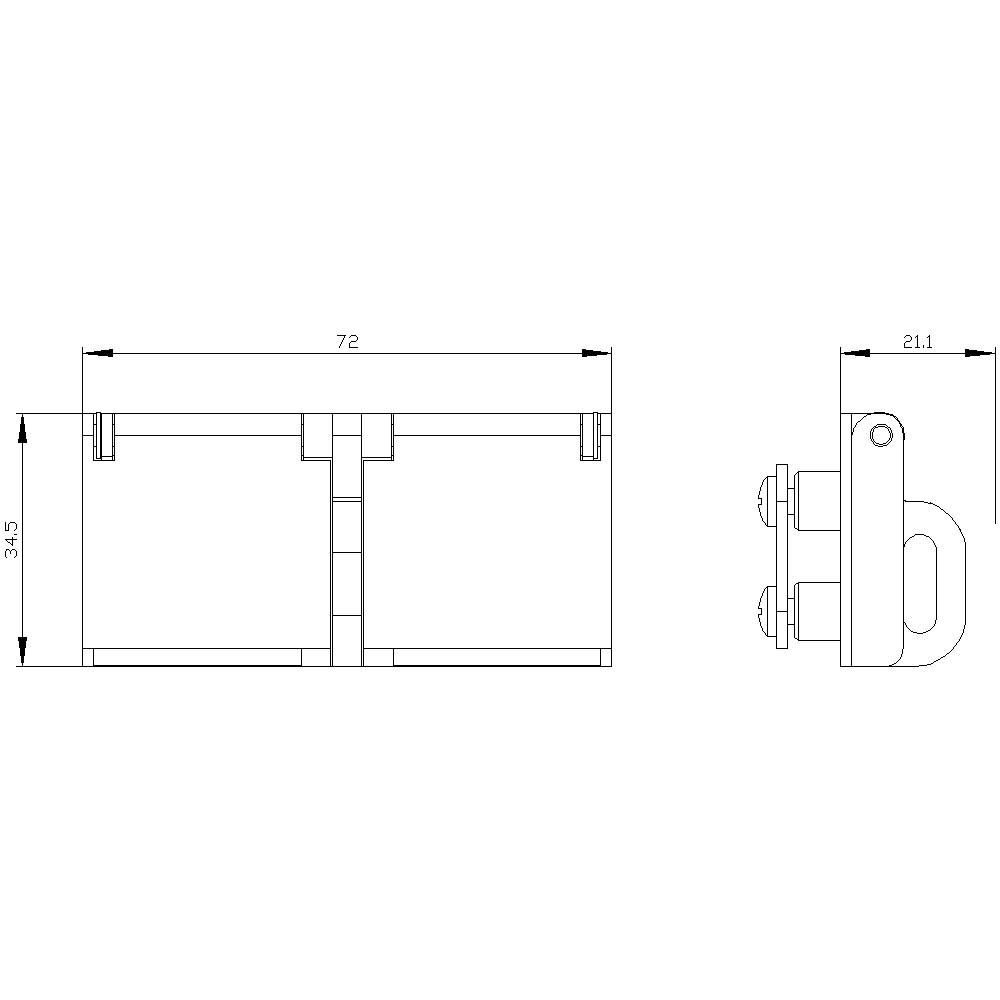 Rysunek techniczny zawiasu z wymiarowaniem. Przedstawia widok z przodu i z boku. Wymiary: 72 mm szerokości, 34,5 mm wysokości, 21,1 mm głębokości.