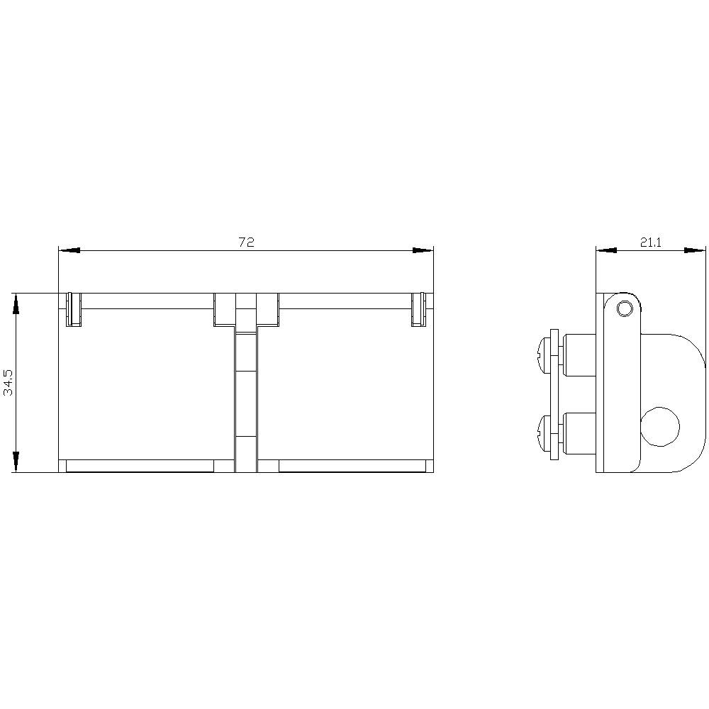 Rysunek techniczny przedstawia widok elementu z dwóch perspektyw z wymiarami: szerokość 72 mm, wysokość 34,5 mm, głębokość 21,1 mm.
