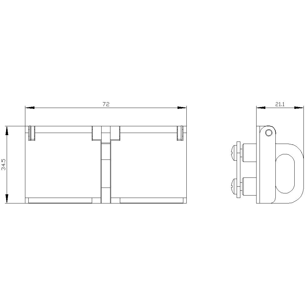 Rysunek techniczny elementu metalowego z wymiarami: długość 72 mm, szerokość 34,5 mm, strona 21,1 mm. Przedstawia widok z przodu i z boku.