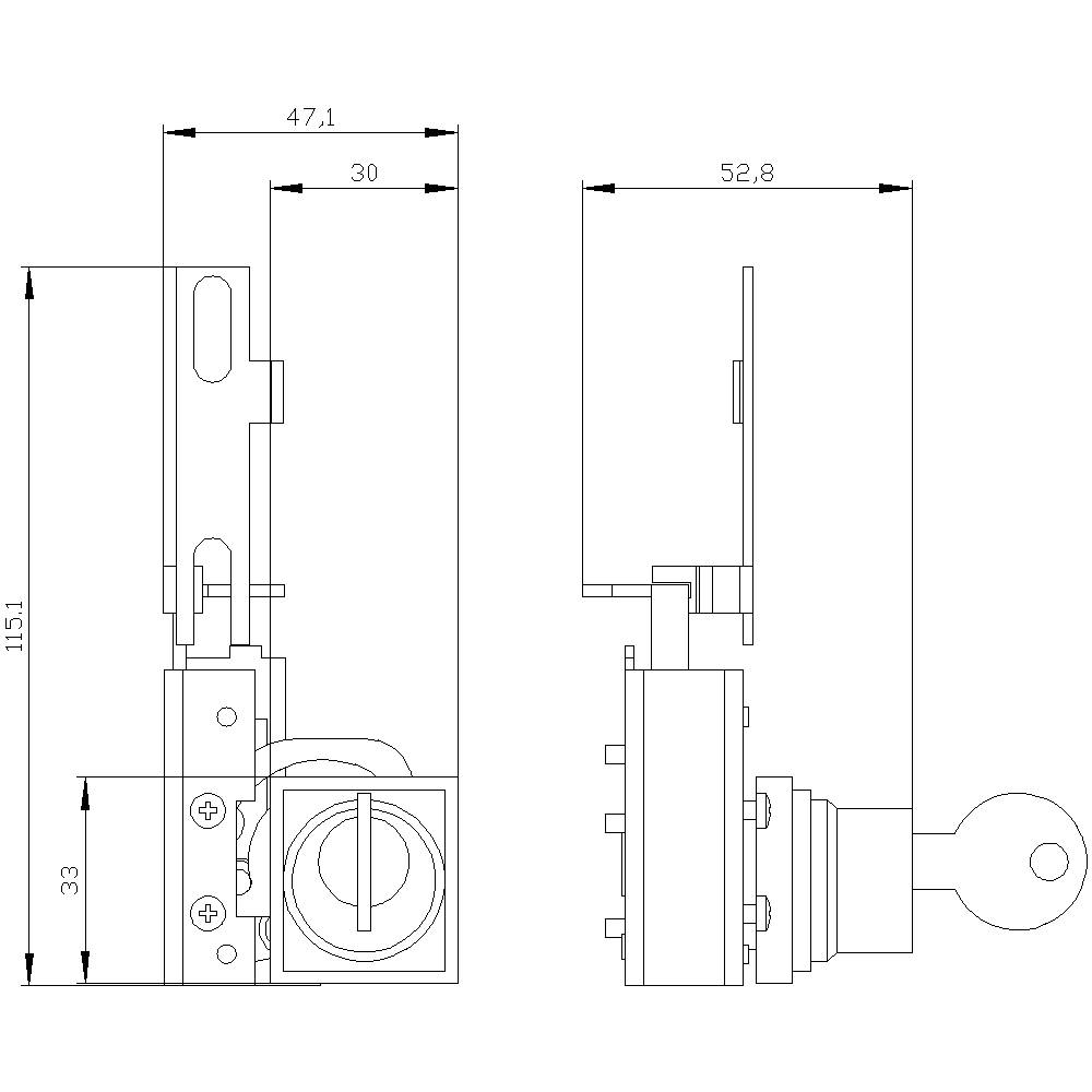 Rysunek techniczny urządzenia zamka drzwiowego z wymiarami w milimetrach: 47,1 x 115,1 oraz 52,8 x 33. Widok z góry i widok z boku.
