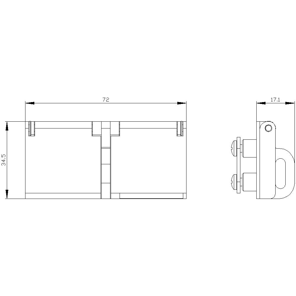 Rysunek techniczny elementu mechanicznego o wymiarach: 72 szerokości, 34,5 wysokości i głębokości bocznej wynoszącej 17,1.