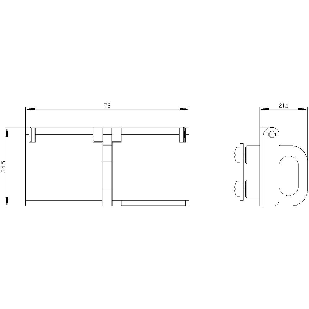 Rysunek techniczny części z wymiarami: szerokość 72, wysokość 34,5, widok boczny 21,1. Przedstawia szczegóły w widoku czołowym i bocznym.