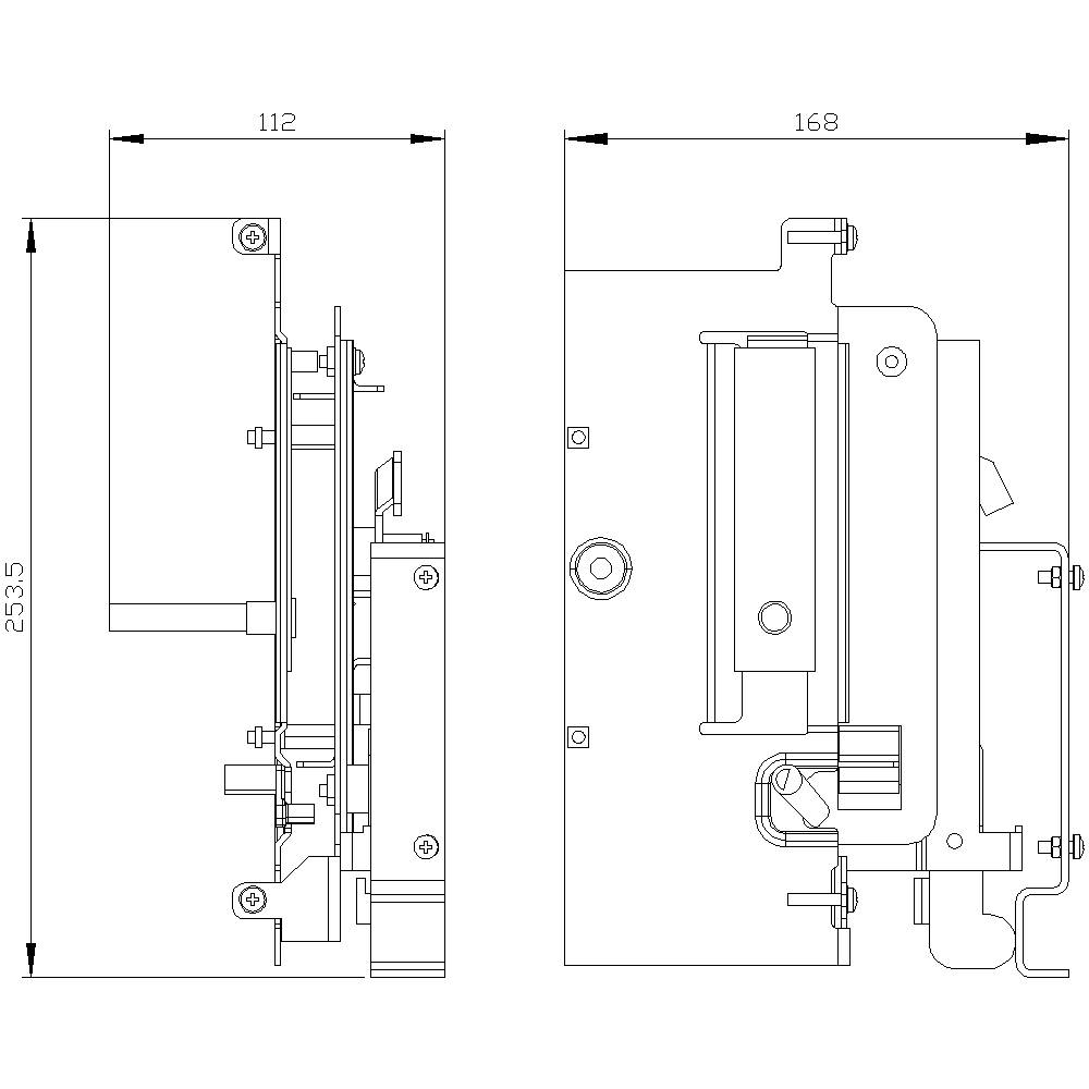 Rysunek techniczny urządzenia elektrycznego z wymiarami: wysokość 253,5 mm, szerokość 112 mm i głębokość 168 mm, widok z boku.
