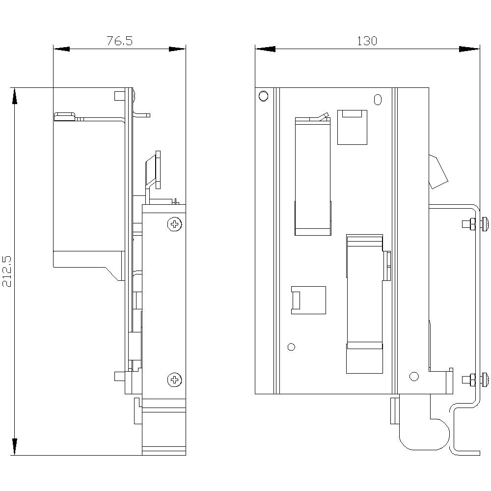 Rysunek techniczny prostokątnego elementu w dwóch widokach z wymiarami: 76,5 x 212,5 mm oraz szerokość 130 mm, perspektywy boczne/podstawowe.