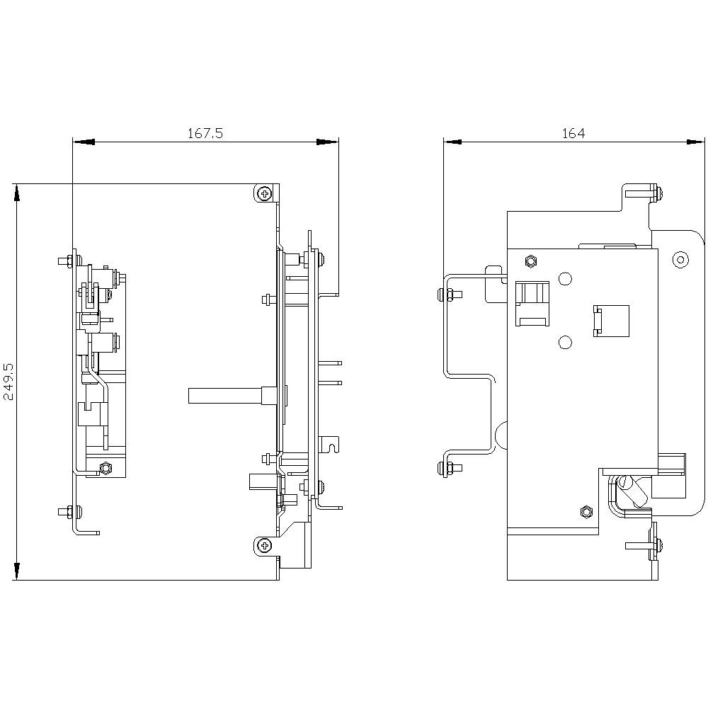Rysunek techniczny urządzenia mechanicznego z wymiarami. Po lewej stronie widok z przodu, po prawej widok z boku. Wymiary: 167,5 x 164 x 249,5 mm.