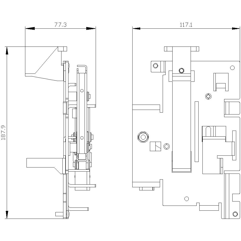 Rysunek wymiarowy części mechanicznej z widokiem z boku i z przodu, o wymiarach 187,9 mm x 117,1 mm i głębokości 77,3 mm.