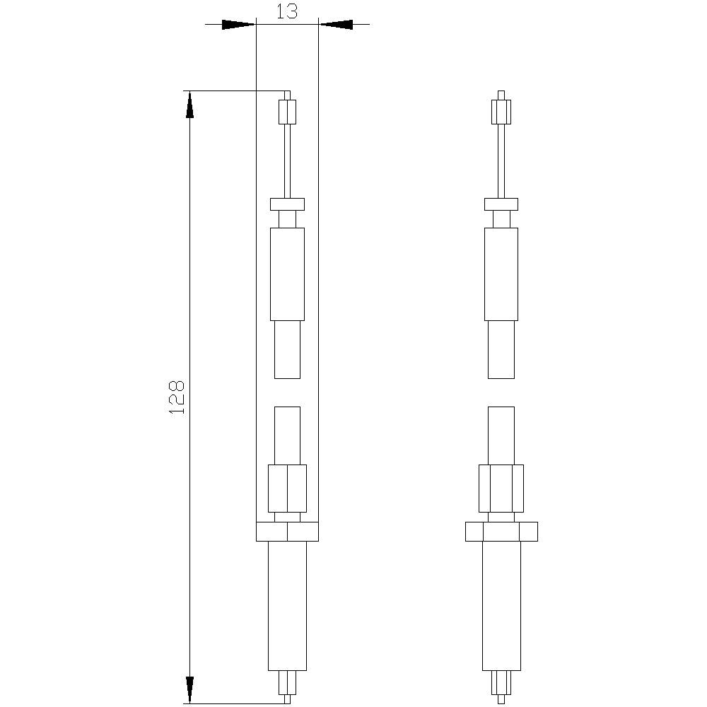 Rysunek techniczny pręta z wymiarami '13' i '128'. Przedstawia różne widoki i wymiary elementów składowych.
