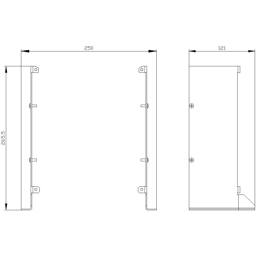 Rysunek techniczny prostokątnego obiektu o wymiarach: długość 250 mm, szerokość 121 mm i wysokość 265,5 mm. Widok z dwóch stron.