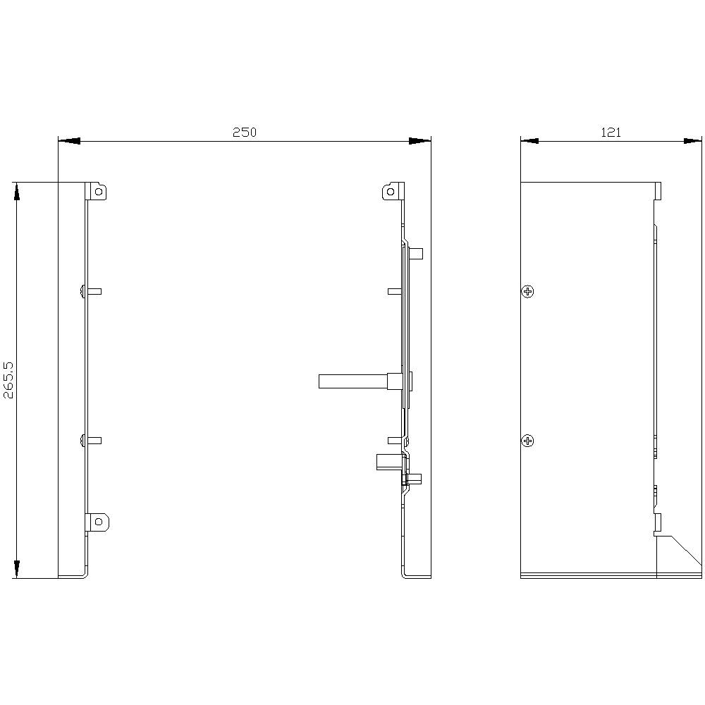 Rysunek techniczny prostokątnego urządzenia. Wymiary: 250 mm szerokości, 265,5 mm wysokości, 121 mm głębokości. Widok boczny i czołowy.